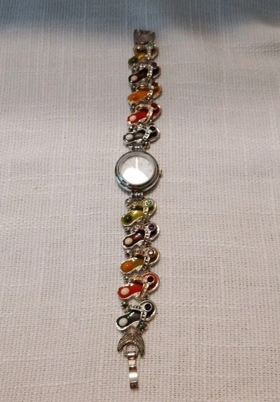 Watch Women Slide Charm Bracelet Needs Battery Colorful Sandals 7.5 Inches Orini